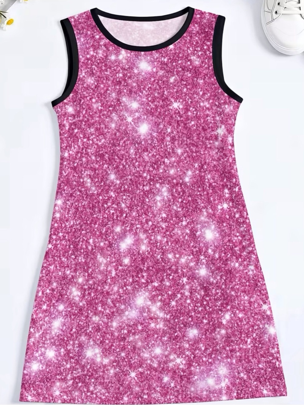 Girls Bright & Shiny Purple/Wht Faux Glitter Sleeveless Dress Size-7-8 Yr NEW